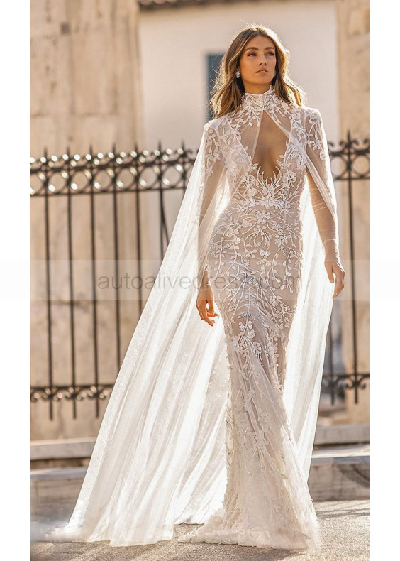 Ivory Sparkling Lace Wedding Dress With Detachable Cape 